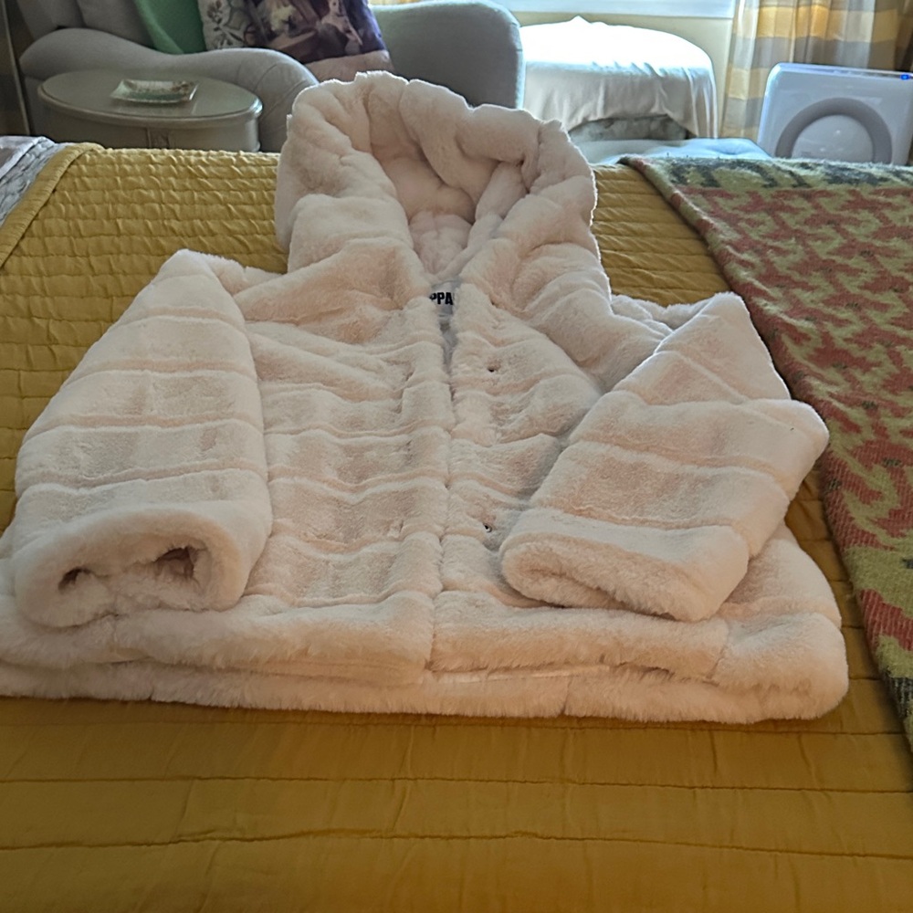 Apparis Soft Cream Faux Fur Bomber Jacket with hood